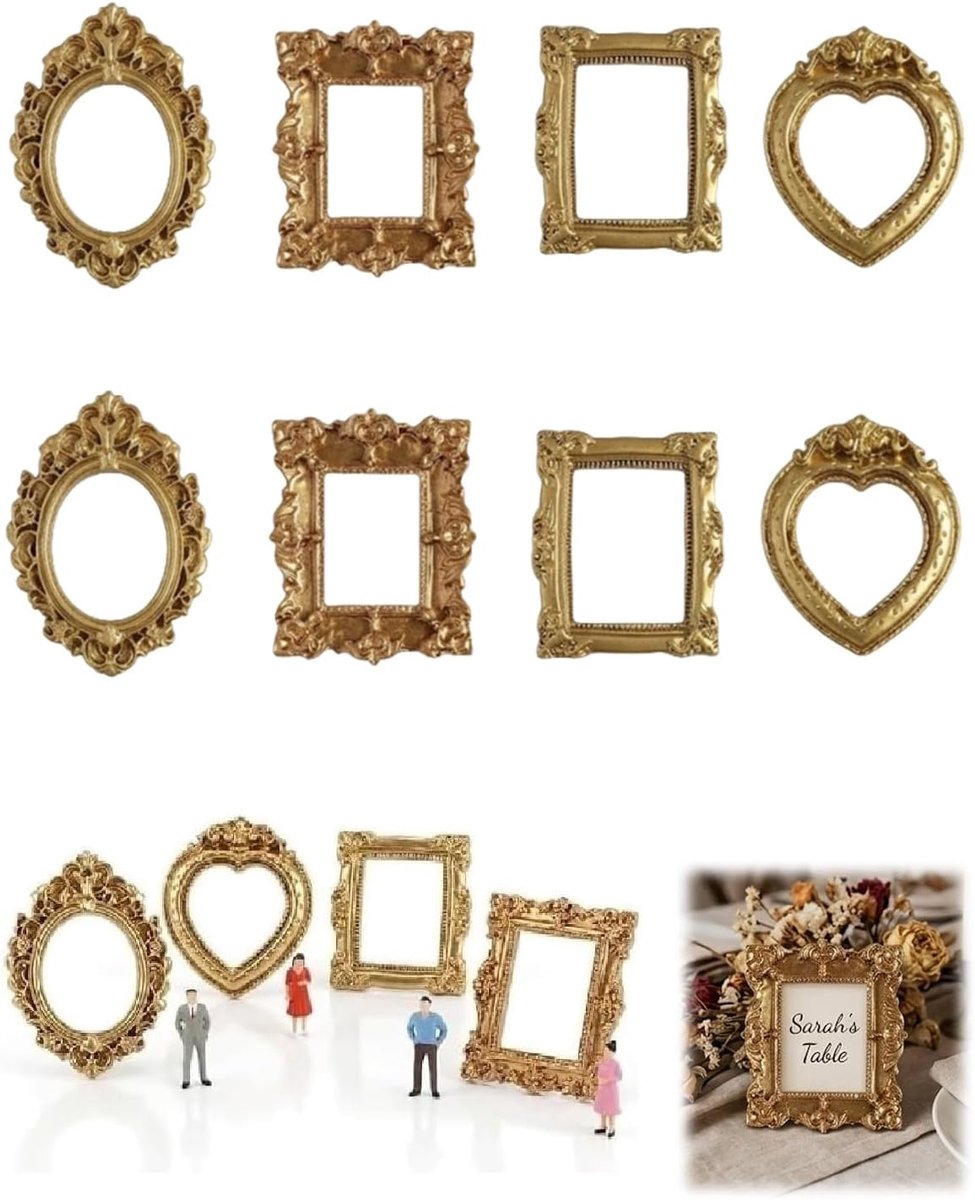8 stuks mini-fotolijsten, vintage, goud, van hars, barokset voor doe-het-zelfprojecten, tafeldecoratie, poppenhuis - ShopVlot