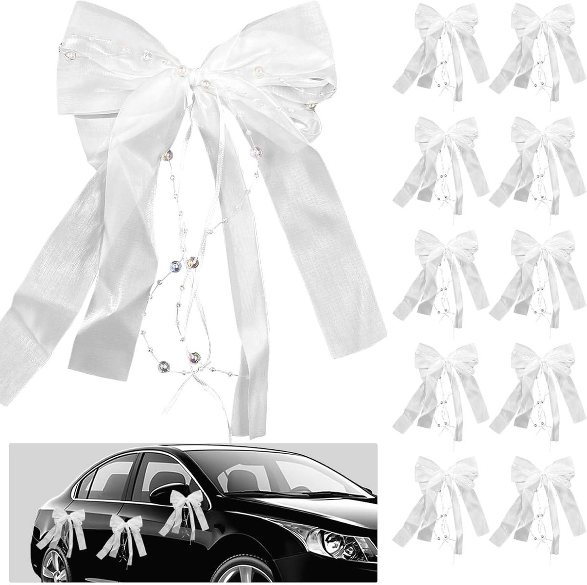 Auto Bogen Set XXL - Handgemaakte Satijnen Bogen met Parels en Tulle - Perfecte Trouwauto Decoratie - ShopVlot