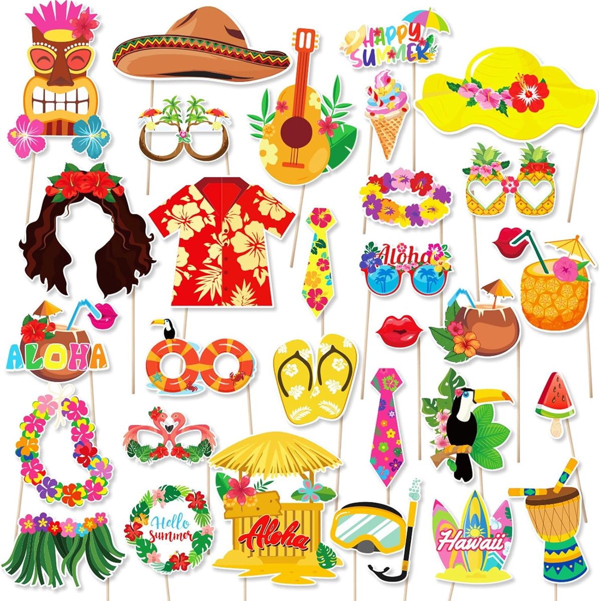 30 stuks Hawaiiaanse fotocall voor Hawaï-feest en tropische decoratie, grappige accessoires voor zomer, zwembad - ShopVlot