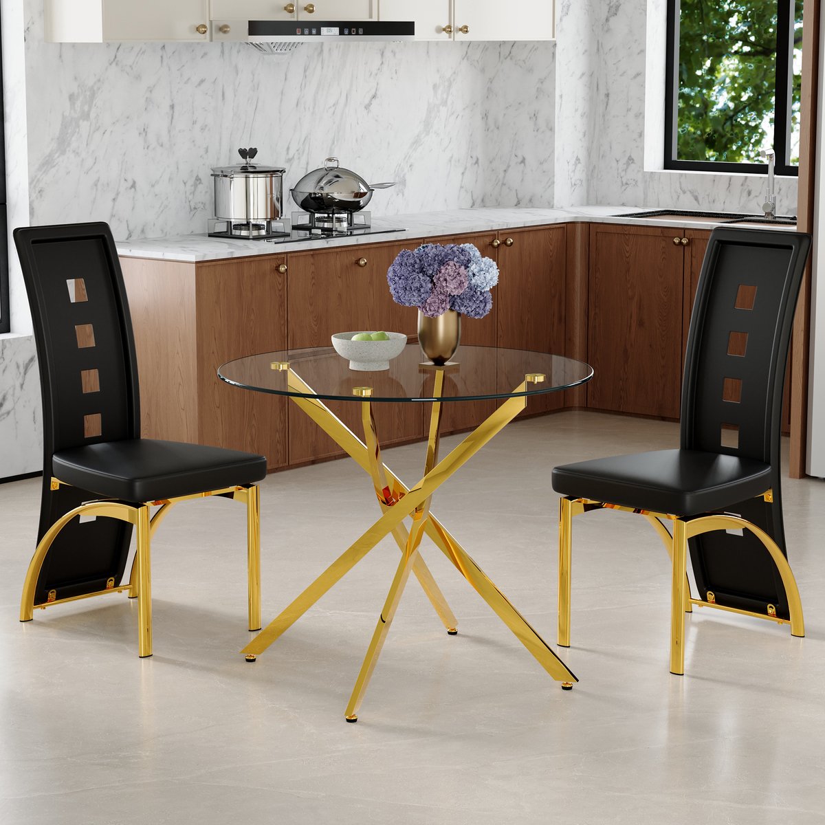 COVREO Set tafel en stoelen 88 cm, zwart goud transparant, gehard glas, 2 stoelen