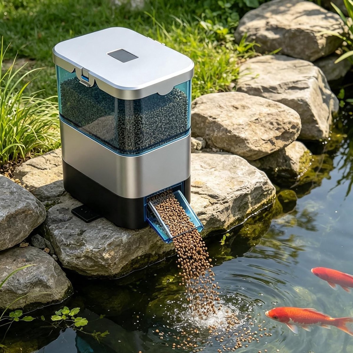 Automatische visvoederautomaat met timer en 2,8 liter inhoud voor vijvers, weerbestendig en instelbare dispenser