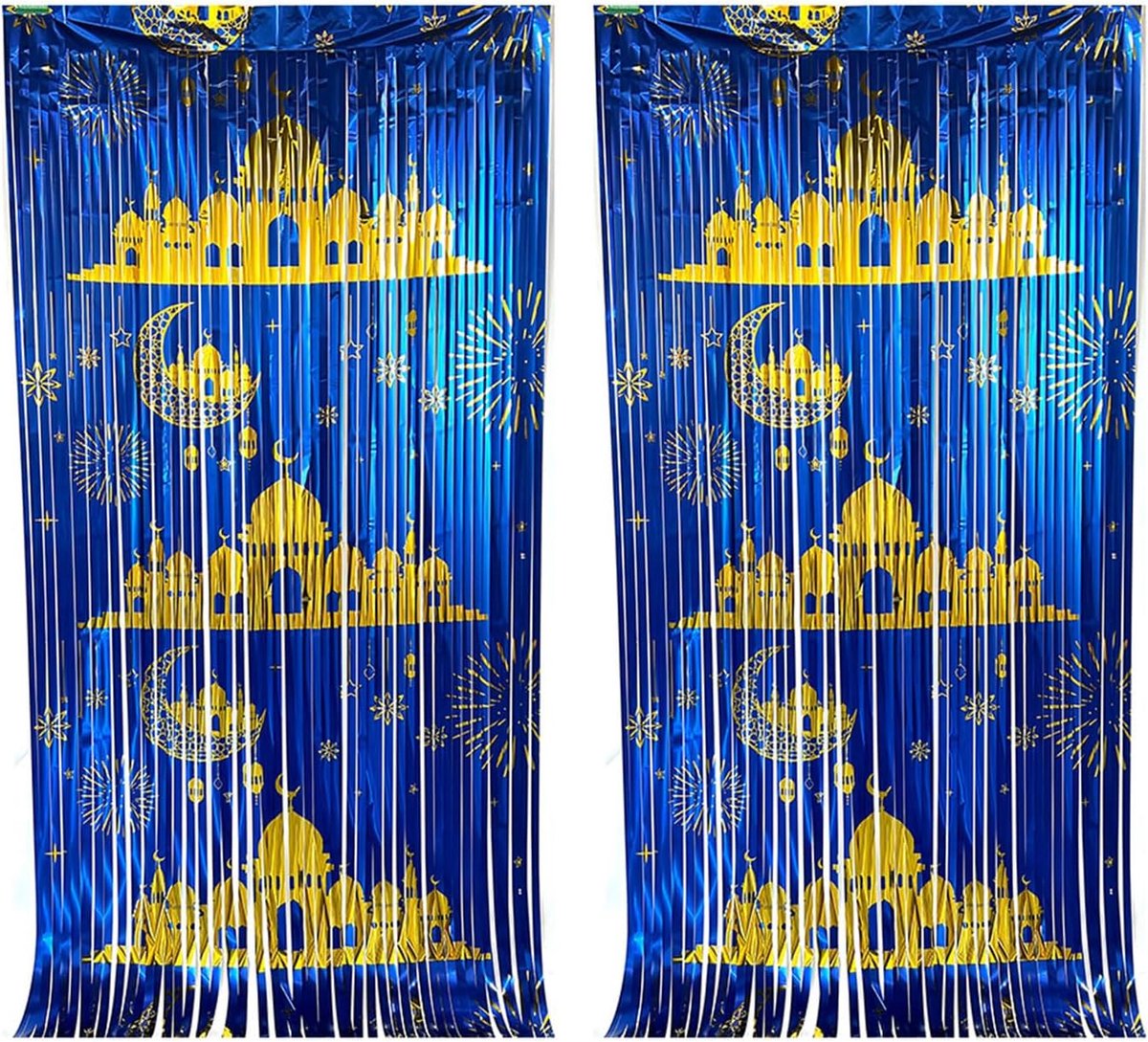 Ramadan decoratie achtergrond 100 x 200 cm - metalen glitterfolie - franjegordijnen - feestelijke sfeer voor iftar - ShopVlot