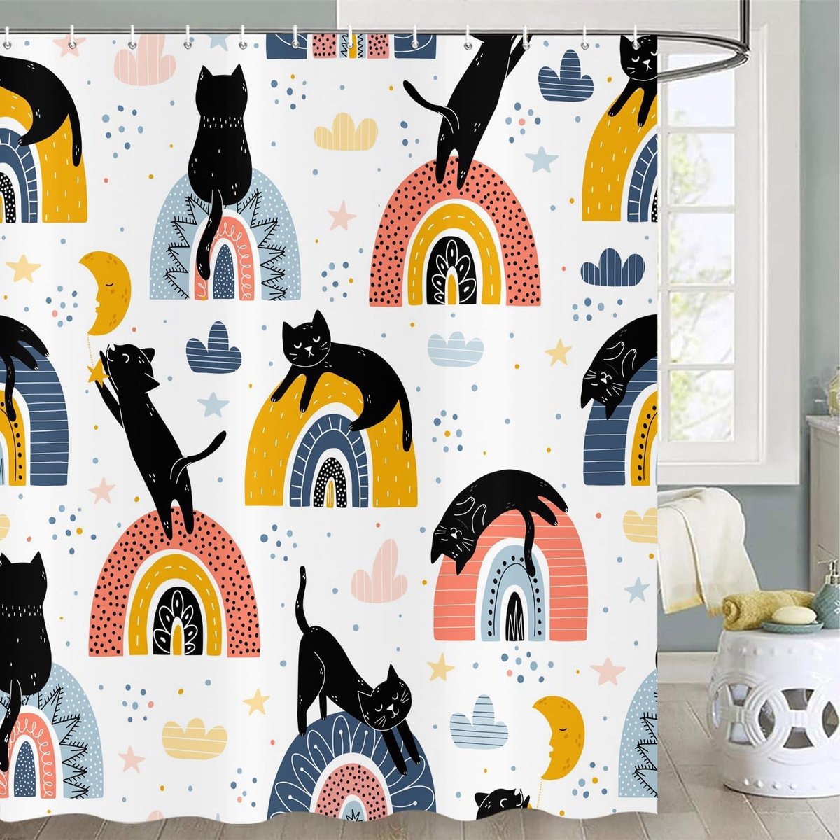 Douchegordijn 180 x 200 cm - zwart met schattige katten en sterren - waterdicht en wasbaar - perfect voor kinderen - ShopVlot