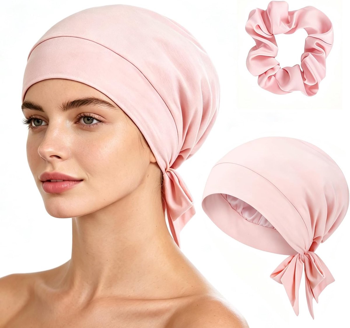 Haarkap om te slapen - Bamboe Viscose - Zachte satijnen voering - Inclusief haarscrunchie - Roze - ShopVlot