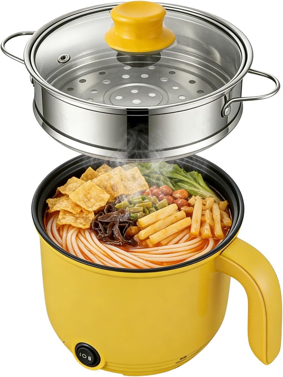 Elektrische Kookpan - Geel - 1,3 l - Met Stoompan van Roestvrij Staal en Antiaanbaklaag - Voor Soep, Ramen en Pasta