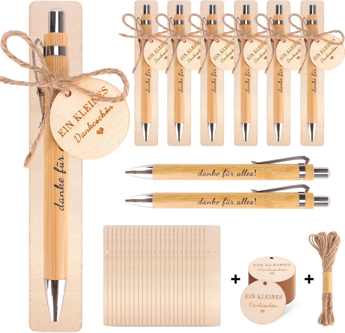 Bedankjes set 10 stuks - houten balpen met gravure - inclusief houten plaatjes en touw - perfect afscheidscadeau - ShopVlot