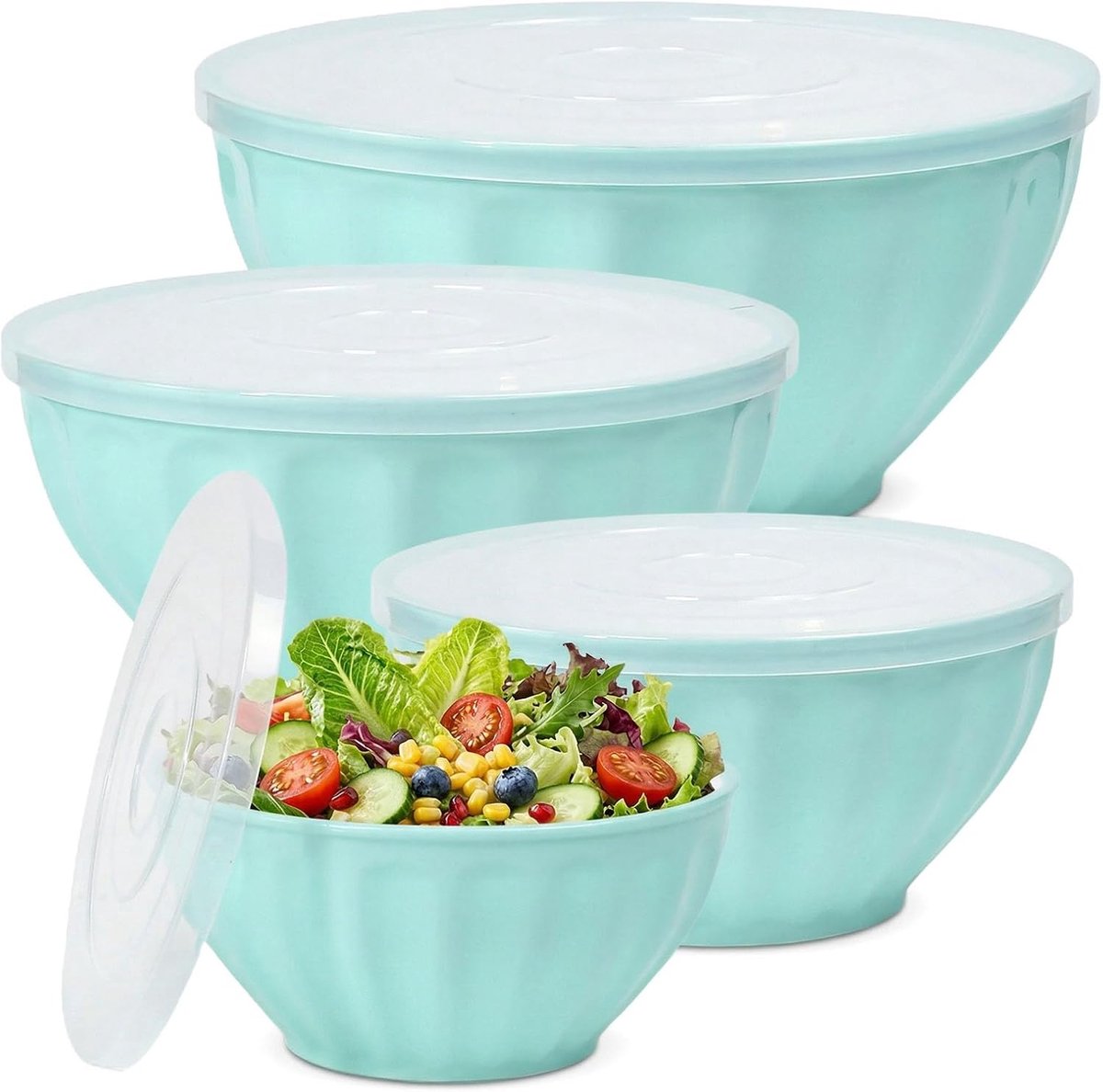Saladekommenset 4-delig - kunststof met deksel - stapelbare mengkommen - ideaal voor salades en deeg - ShopVlot
