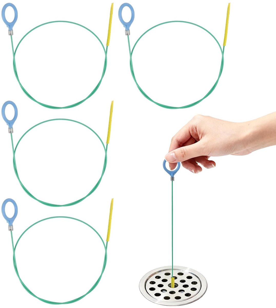 Afvoerreiniger set van 4 - Spiraal 90 cm - Staal met nylon coating - Effectieve haar- en vuilverwijdering - ShopVlot