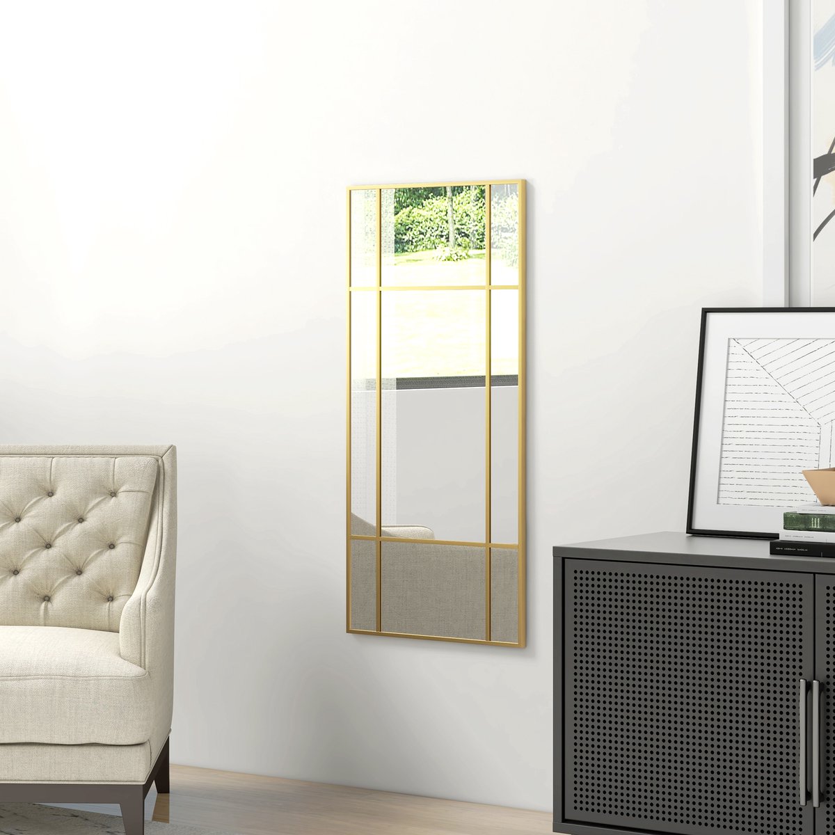 Spiegel Met Rasterdesign 110 X 50 Cm Gouden Metalen Lijst Rechthoekig Wandspiegel Voor Binnen Met Vier Achterhaken