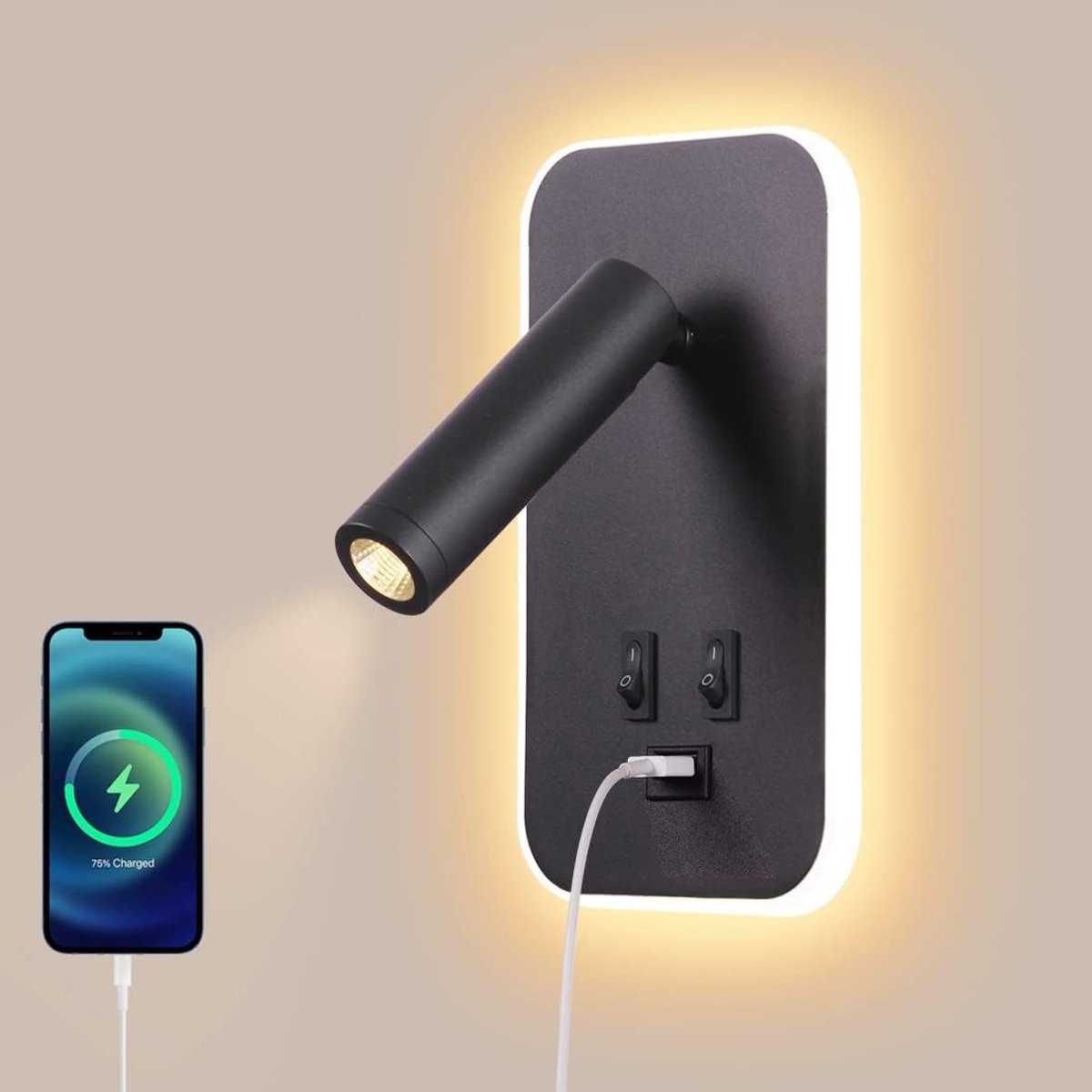 LED Leeslamp - Zwart - - Wandlamp met USB-oplaadfunctie en Verstelbare Spotverlichting - Voor Slaapkamer en Hotels