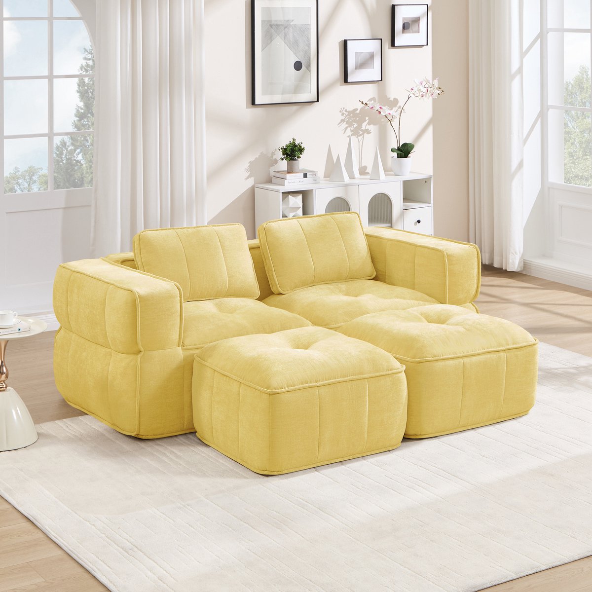 OKWISH Zitbank 2-Zits - Modulaire Bank Met 2 Hockers, Brede Armleuningen En 32D Schuim - Voor Woonkamer En Appartement - Polyester - Geel