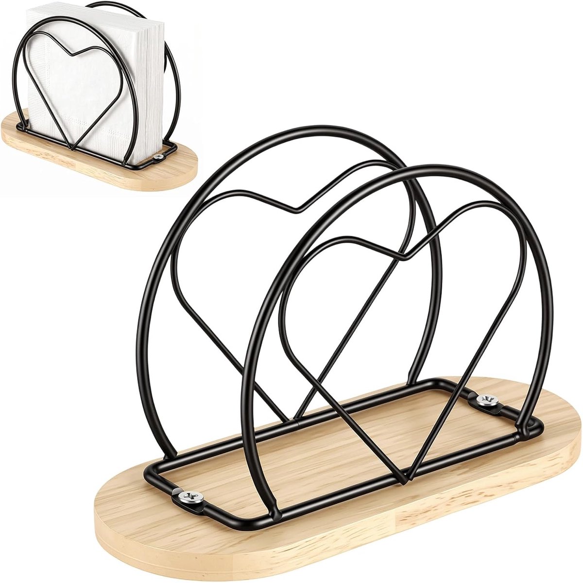 Servettenhouder hartvorm - zwart met houten basis - stabiele napkin holder - ideaal voor keuken en restaurant - ShopVlot