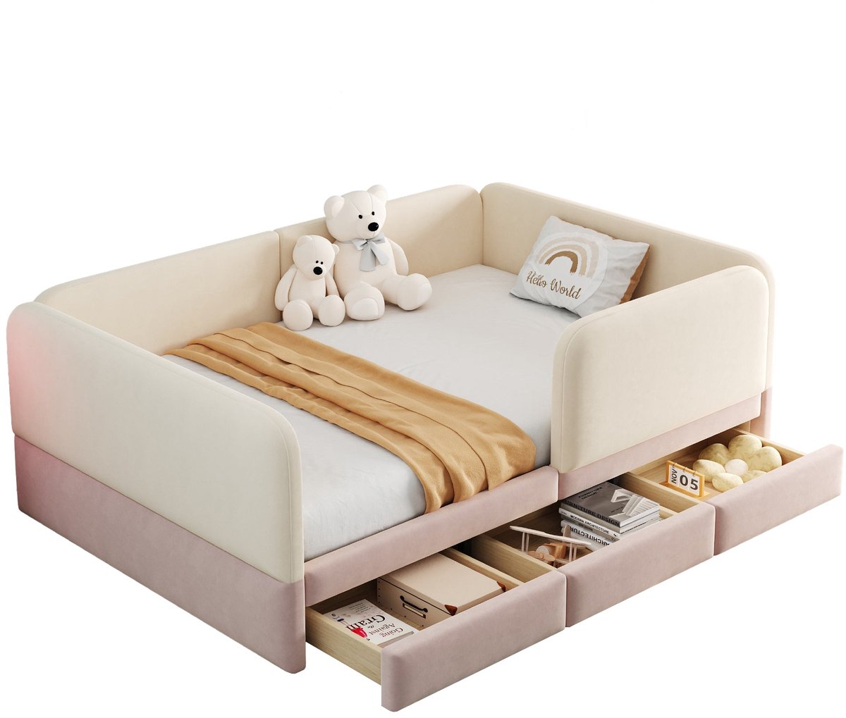 Merax Gestoffeerd Kinderbed 140 x 200 cm - Beige En Roze - Fluweel - Rondom Veiligheidsrand - Afgeronde Hoeken - 3 Opbergladen - Zonder Matras
