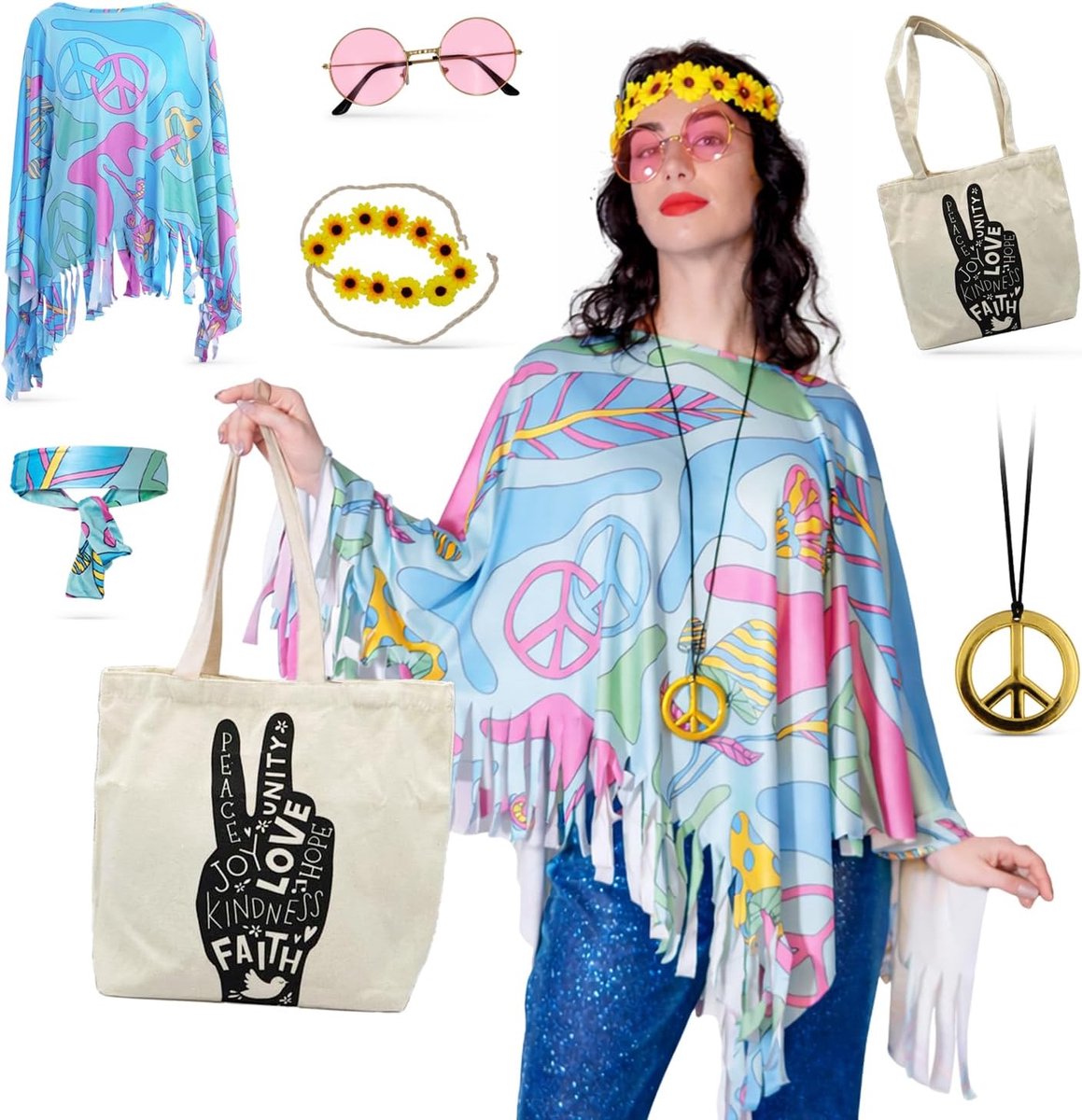 Hippiekostuum dames - editie 2025 - poncho en accessoires - ideaal voor carnaval - ShopVlot