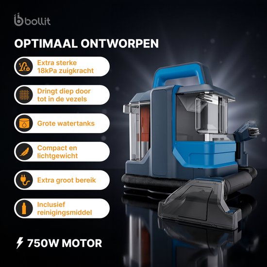 Blauwe en grijze tapijtreiniger met zuigkracht van 18 kPa. Met grote watertanks, compact en lichtgewicht, met 750W motor.