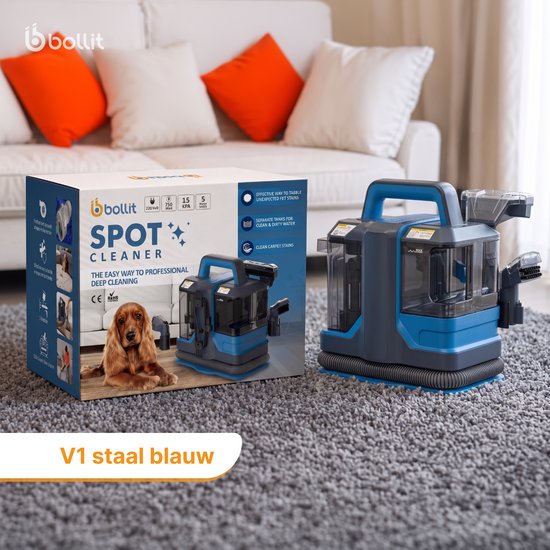 Bollit tapijtreiniger V1 staal blauw, naast de verpakking in een woonkamer. De verpakking toont een hond.