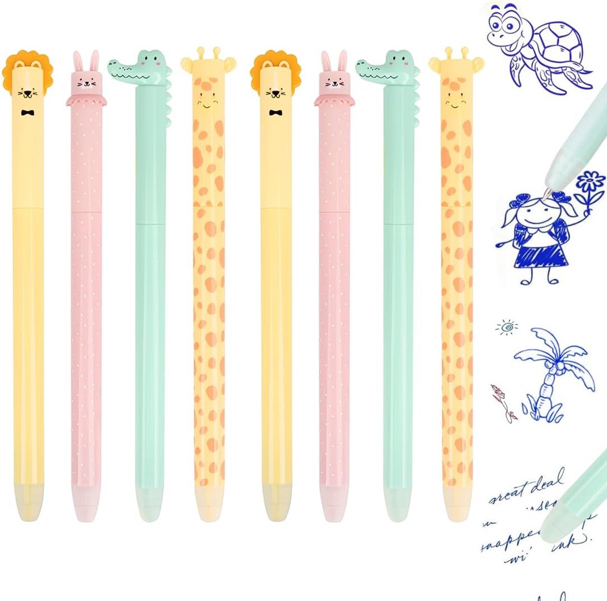 uitwisbare balpennen - 8 stuks - gelgummen met dierenfiguurtjes - ideaal voor school of kantoor - ShopVlot