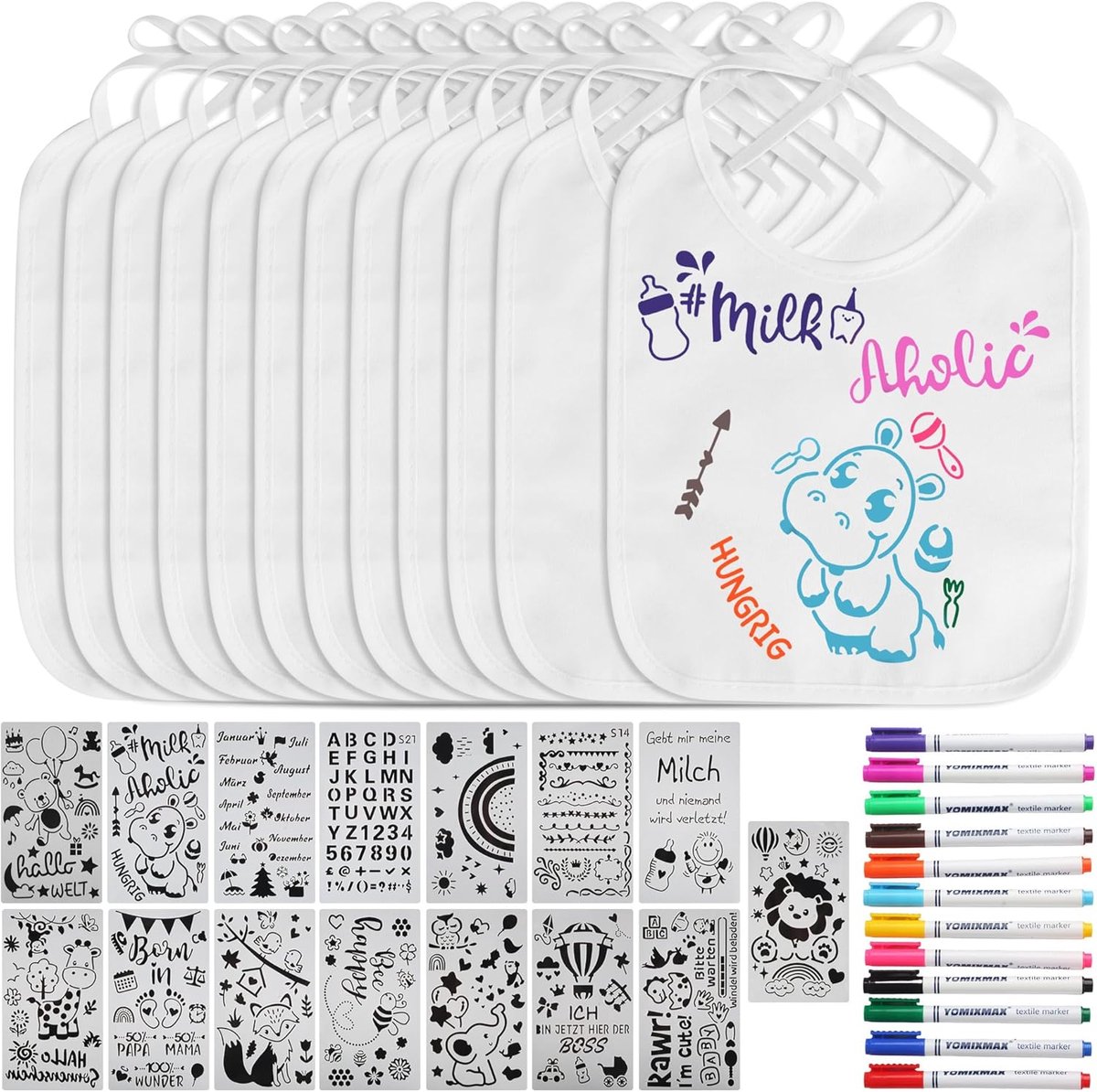Slabbetjes 12 dubbelzijdig - katoen - met 12 kleurrijke stiften - creatief cadeau voor kinderen - ShopVlot