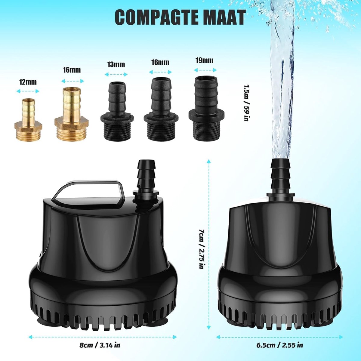 Vijverpomp 25W stille dompelpomp 1500 l/u voor fontein aquarium en tuin met regelbare waterstroom 1,8 m opvoerhoogte thumbnail 5