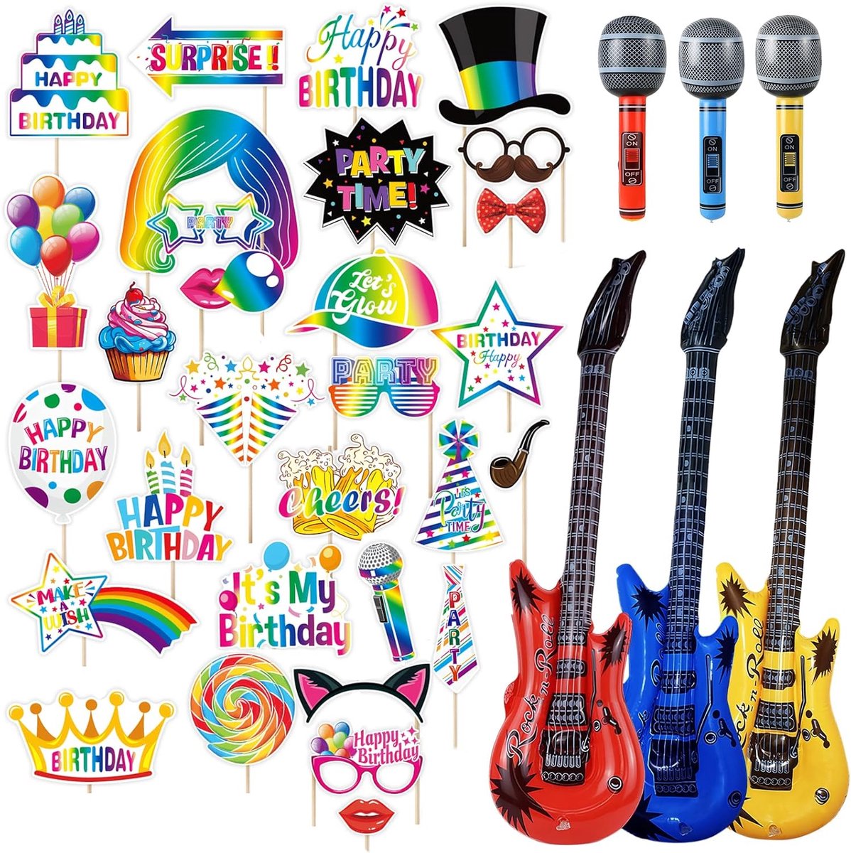 Feestdecoratie set 36 delen - opblaasbare muziekinstrumenten - kleurrijke accessoires - plezier voor elk feest - ShopVlot