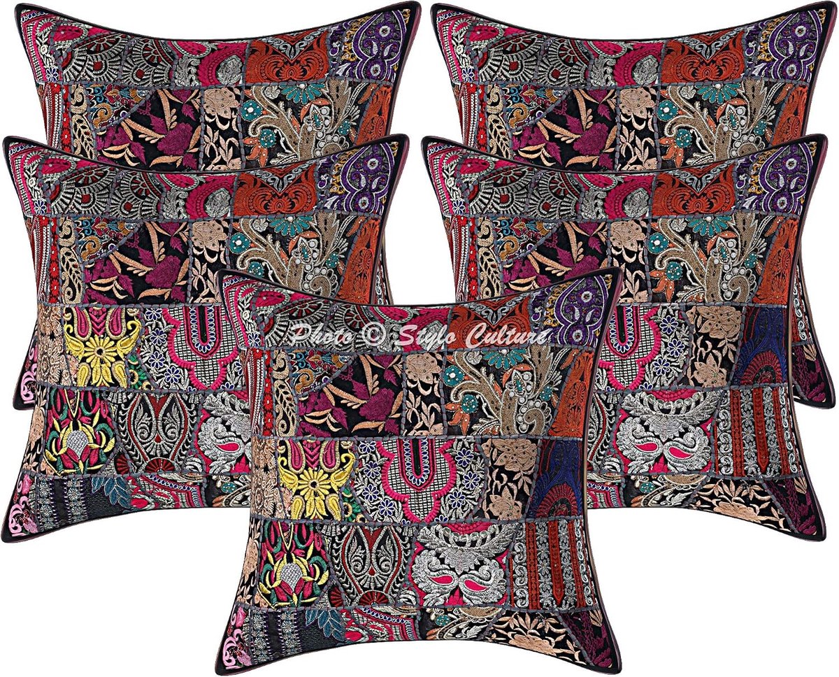 Ethnic Cotton Vintage Fabric Patchwork Boho Scatter Cushion Covers Large 60 x 60cm Black Abstract 24 x 24 Inch - ShopVlot