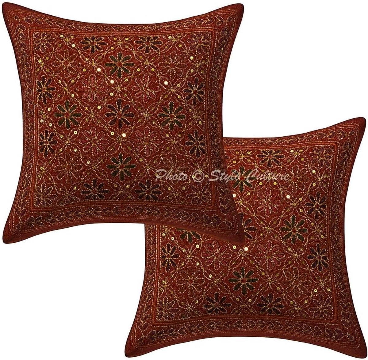 Cotton Boho Decorative Cushion Covers Rust 40cm x 40cm Floral Scatter Throw Pillows Living Room For Sofa Gold Zari - ShopVlot