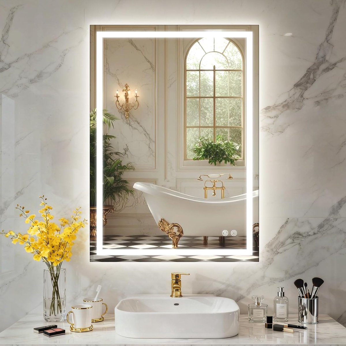 Bathroom Mirror with Lighting, Rectangular Mirror with Lighting, Bathroom Mirror 60x45 cm, 3 Light Colours, Tempered - ShopVlot