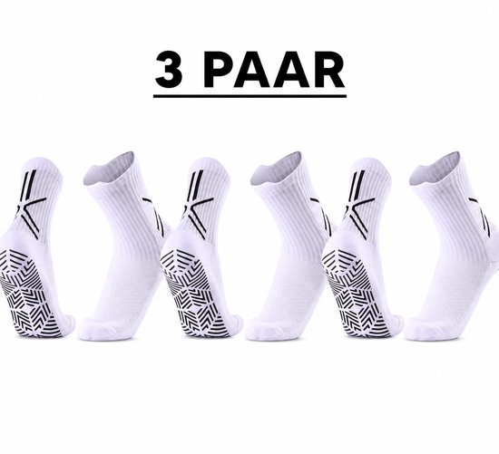 Drie paar witte sportsokken met zwarte antislipprofielen op de zolen en zwarte strepen op de enkels. Tekst '3 PAAR' bovenaan.