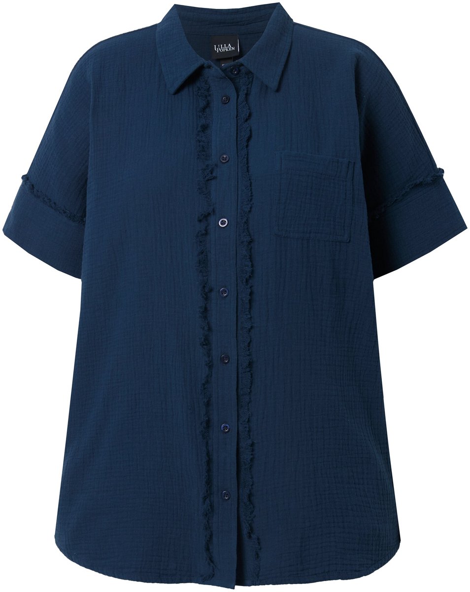 Ulla Popken - Dames - Mousseline blouse oversized franjes overhemdkraag - Inktblauw - Maat 42+