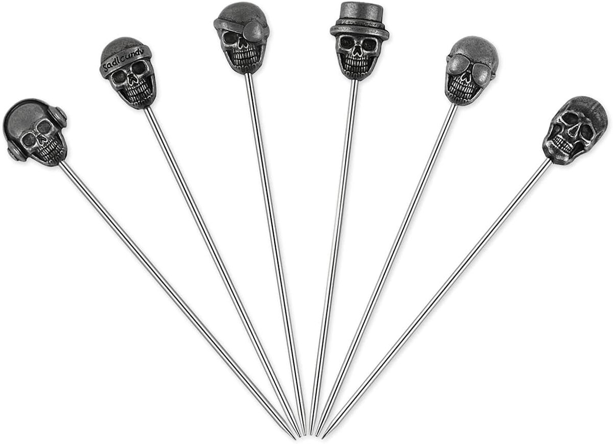 Skull Cocktail Picks 6 Pieces Stainless Steel Olive Picks Reusable Fruit Sticks for Halloween Party - Set B - ShopVlot