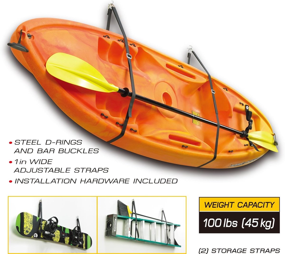 Kayak Storage System, Canoe Wall Rack Holders, Adjustable Storage Belts Garage Hangers, 100LBS(45kg) Weight Capacity - ShopVlot