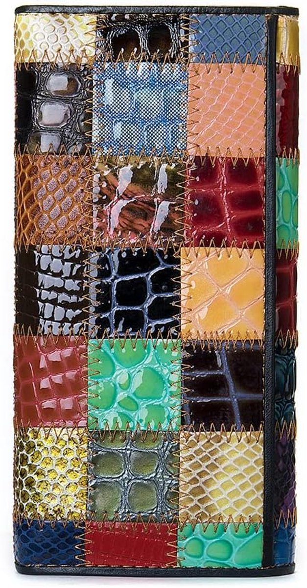 Women multicolor long wallet genuine patent leather wallet random square colorful seams card holder organizer bag - ShopVlot