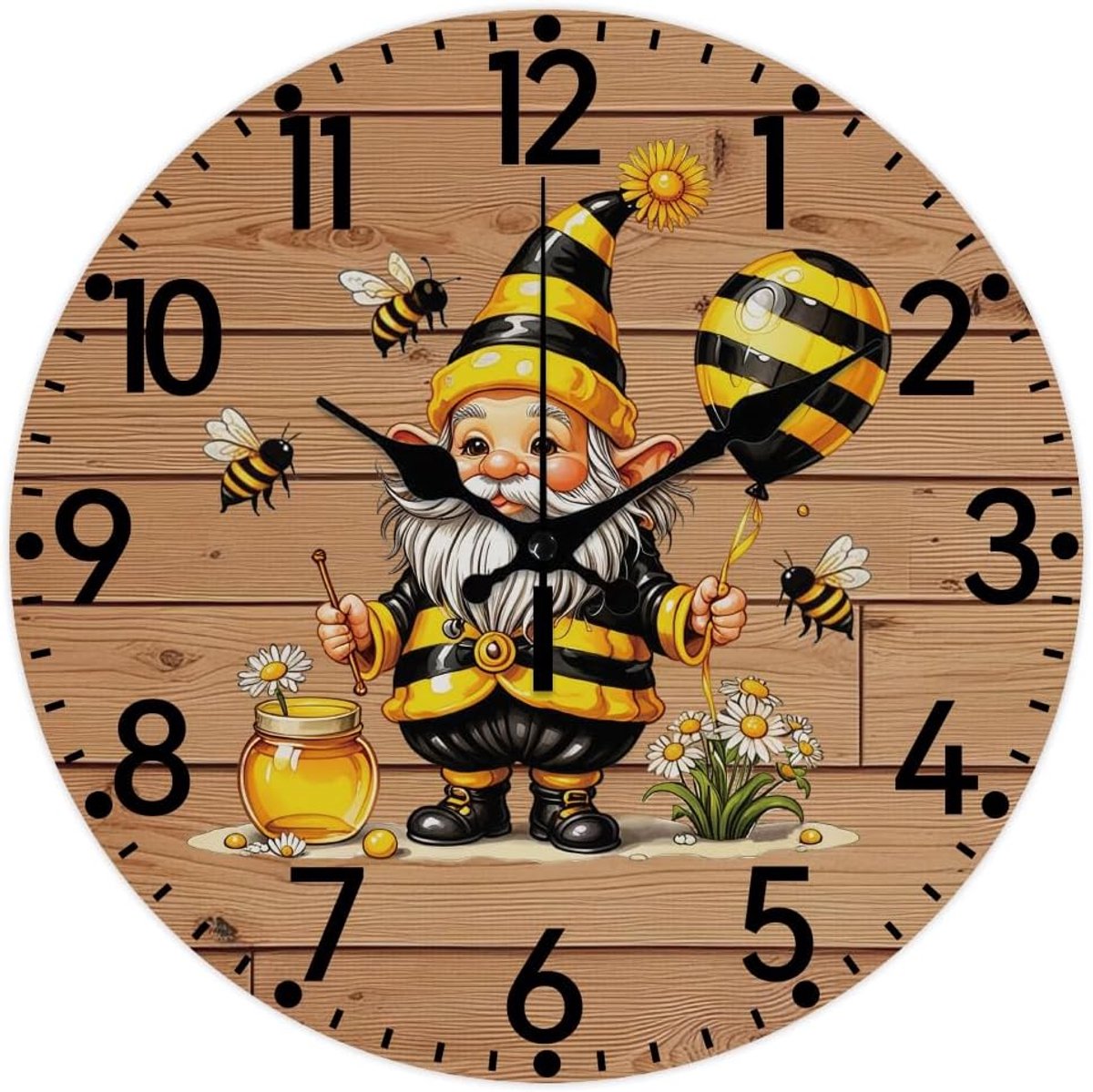 CHGCRAFT Bee Gnome Pattern Wall Clock 30cm Non-Ticking Daisy Pattern Clocks Round Wall Hanging Clock Battery Works for - ShopVlot