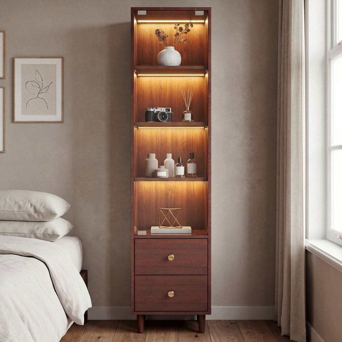 COVREO Vitrinekast 165x40x35 cm bruin, MDF en glas met LED-verlichting