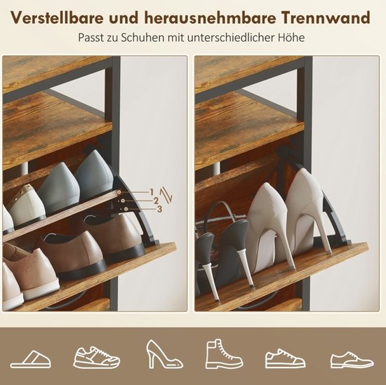 OKWISH Schoenenkast Met 4 Klapdeuren - Smal Industrieel Ontwerp Met Open Vak - Rustiek Bruin Hout En Zwart Staal - 98 X 24 X 95 Cm van okwish — afbeelding 2