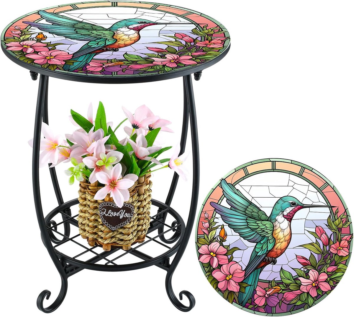 Casalora® Retro balkon bijtafel - tuin rondtafel - buiten bijtafel - decoratieve binnen bijtafel - kolibrie stijl - geschikt voor patio, tuin, veranda, woonkamer - roze & groen