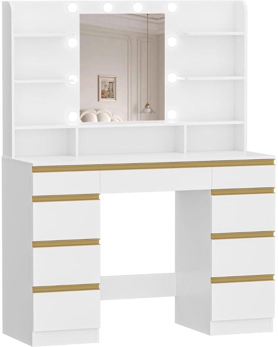 NIVA® Kaptafel - Kaptafel met Spiegel en 10 LED Lampen – Make-up Tafel - Wit - 40cm x 107cm x 140cm