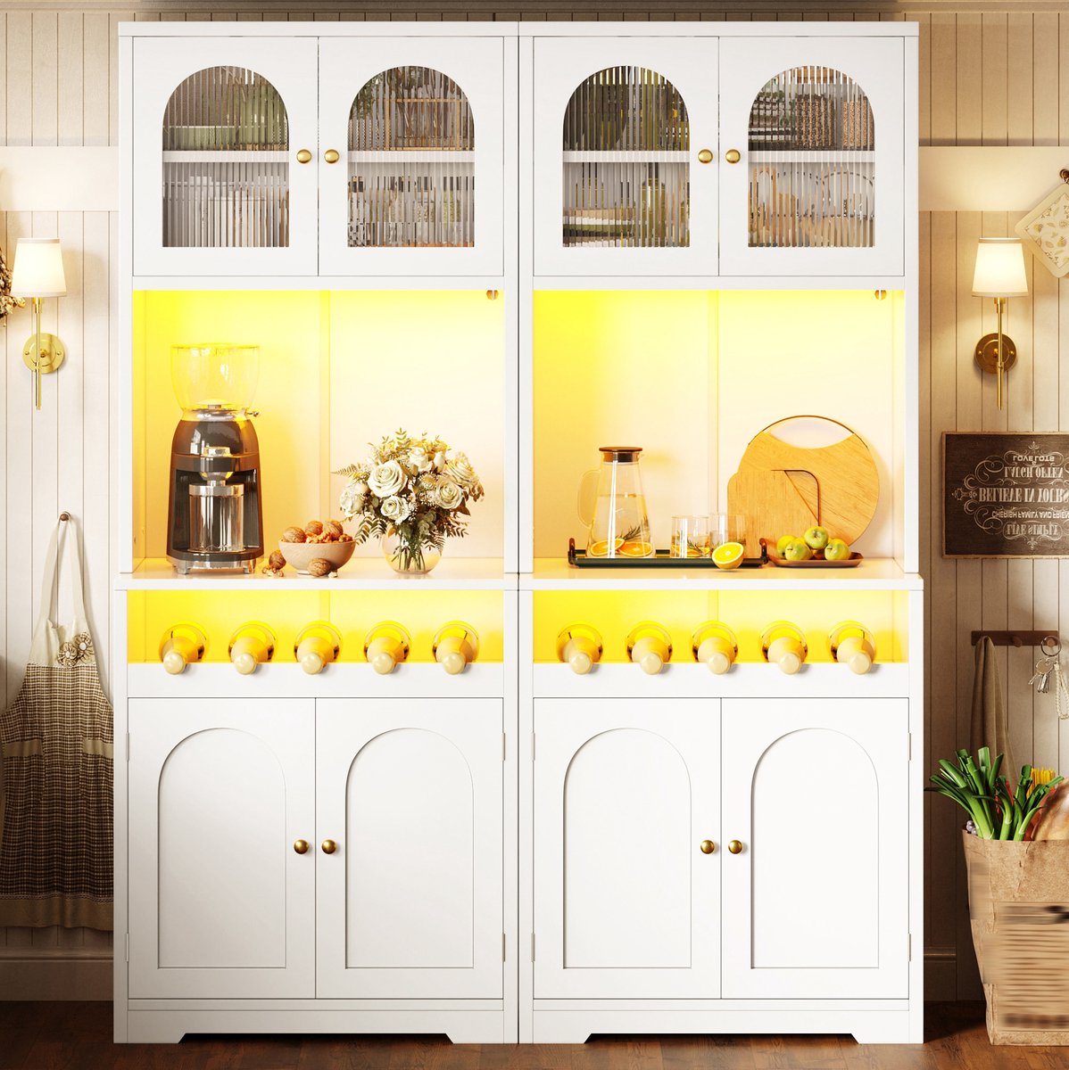 DESMIU Keukenkast - 2 Delige Buffetkast Met App Gestuurde RGB Verlichting Glazen Deuren En Wijnrek - Voor Keuken En Eetkamer - MDF Metaal - Wit - 140x38,3x180 Cm