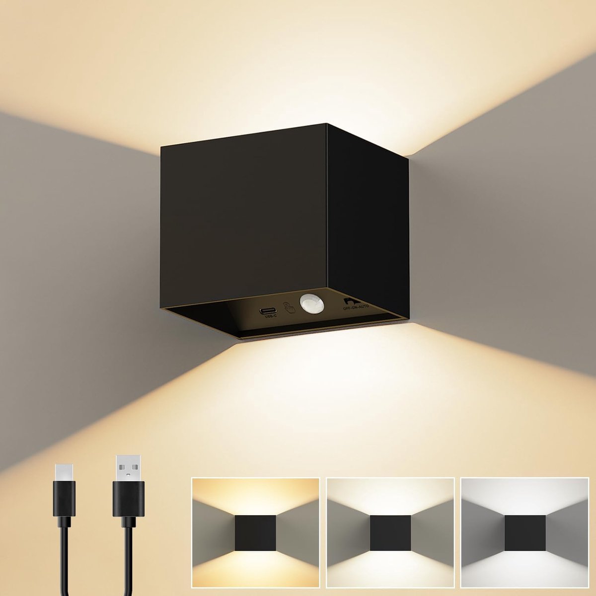KZQ Oplaadbare LED wandlamp met bewegingssensor - Verstelbare lichtbundel omhoog/omlaag - 3 kleurmodi en touch dimbaar - Magnetisch en draadloos voor binnen - Zwart