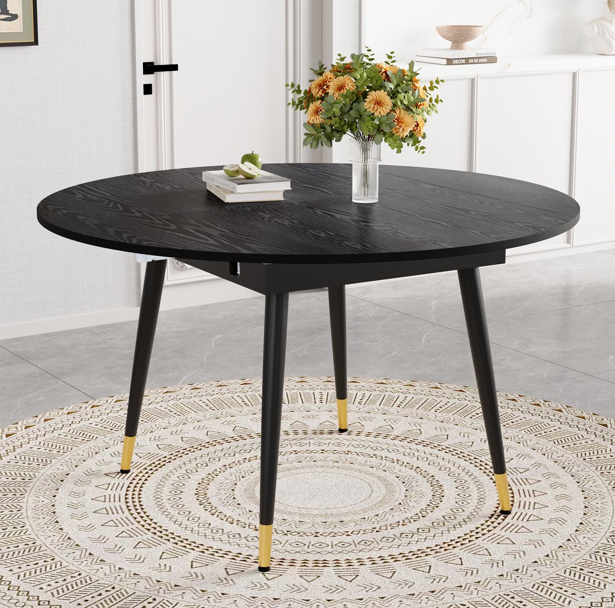 OKWISH Eettafel Uitschuifbaar Rond Naar Ovaal MDF Zwart Met Gouden Details Metalen Poten 135 X 85 X 77 Cm Voor Keuken En Eetkamer