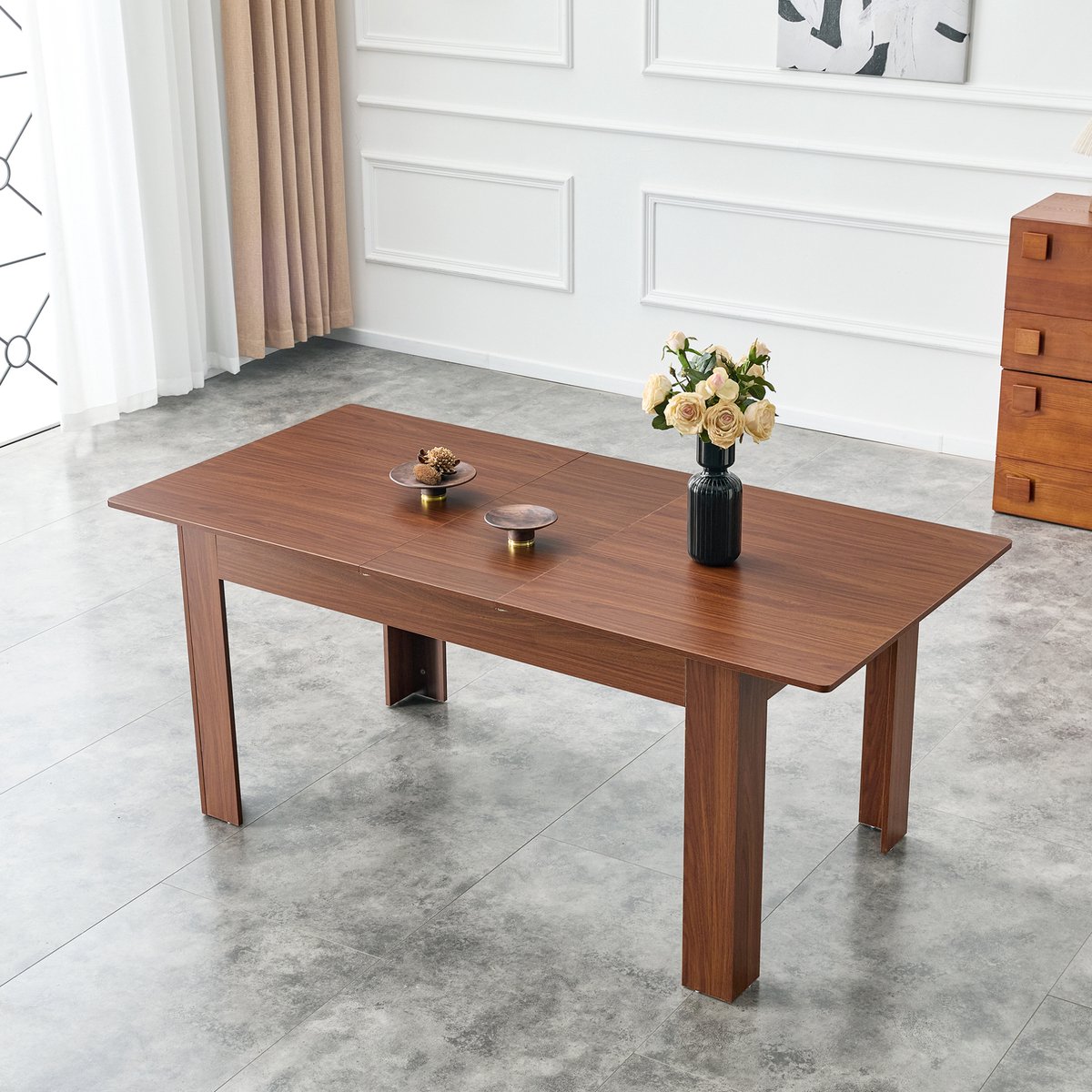 OKWISH Uitschuifbare Rechthoekige Eettafel - Walnoot MDF - Modern Design Met 2 Uitklapbladen - Voor Woonkamer En Keuken - 220 X 89 X 77 Cm
