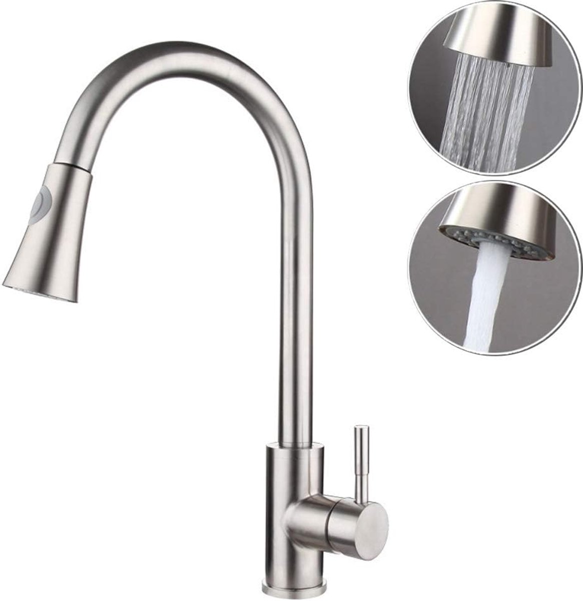 Keukenkraan hoog gebogen met draaibare spuitkop - Rvs - Waterbesparend - Ideaal voor dubbele spoelbak - ShopVlot