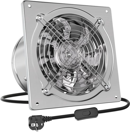 Un ventilateur d'extraction en acier inoxydable de 150 mm avec une grille métallique et un interrupteur marche/arrêt sur le cordon.
