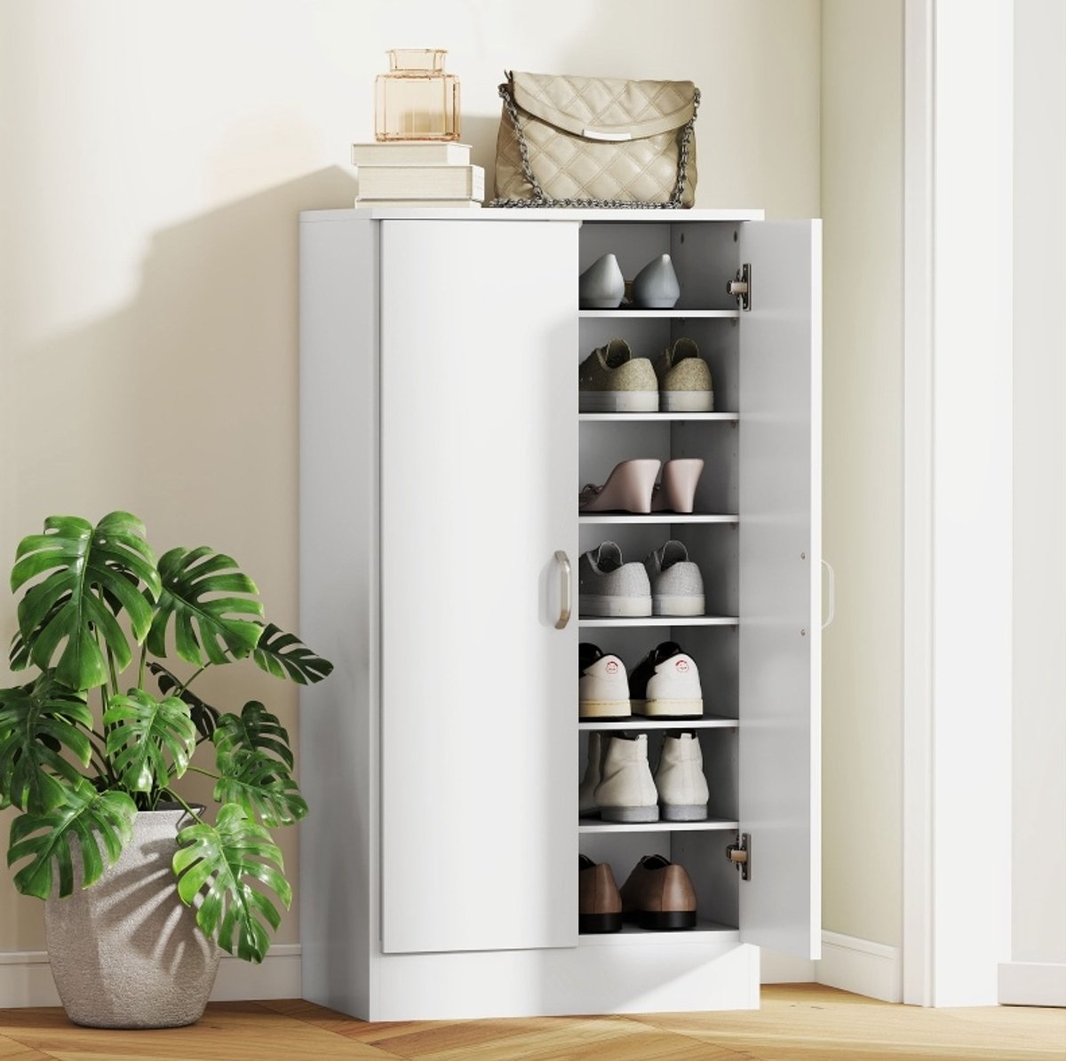 OKWISH Schoenenkast – Zachtsluitscharnieren – Verstelbare Planken – Voor Hal En Slaapkamer – Voor 14 Paar – Wit Hout – 55 X 35 X 108 Cm