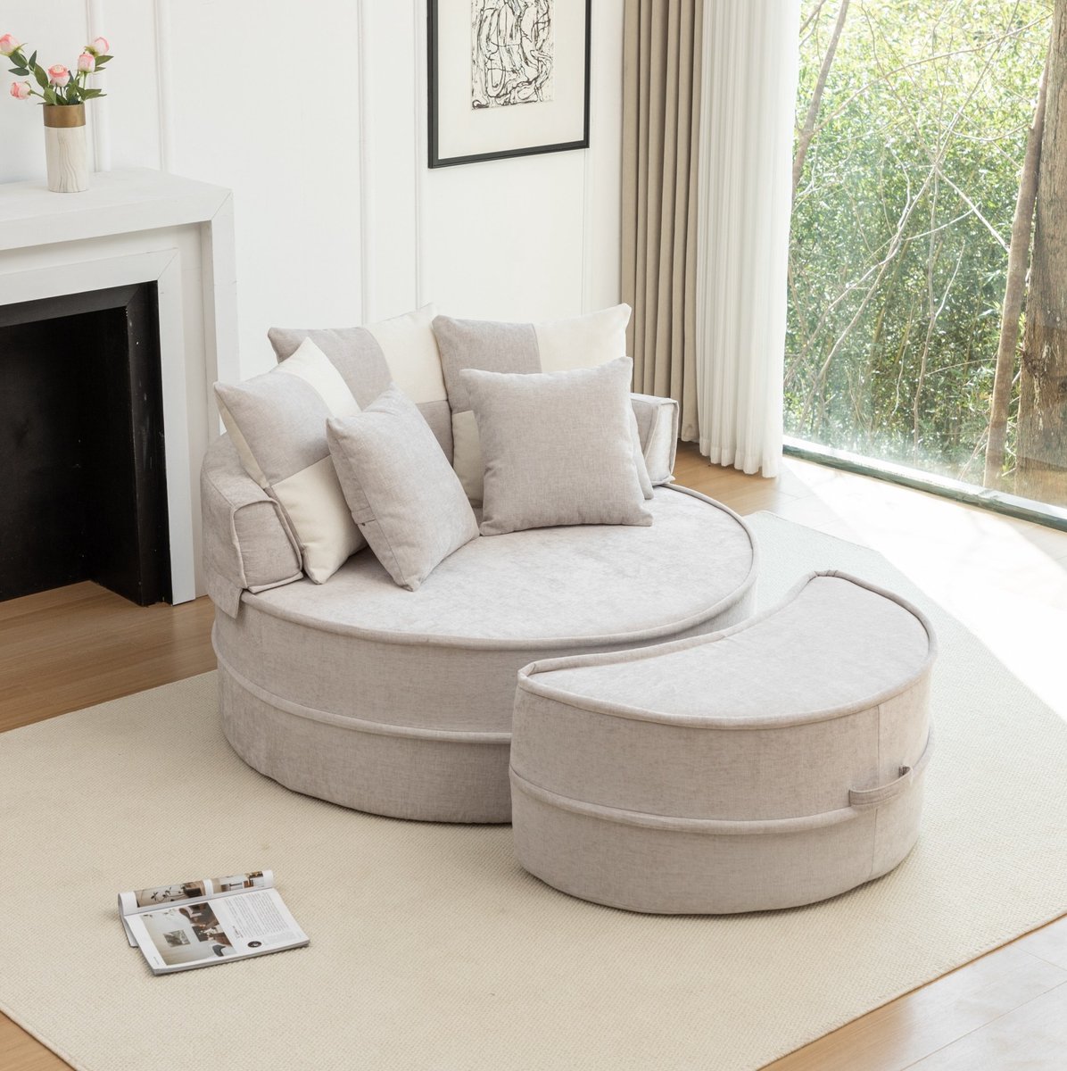 DESMIU Fauteuil Grijs - Ronde Loungestoel Met Voetenbank En 5 Kussens - 1-Zits Voor Woonkamer En Slaapkamer - Chenille - Grijs