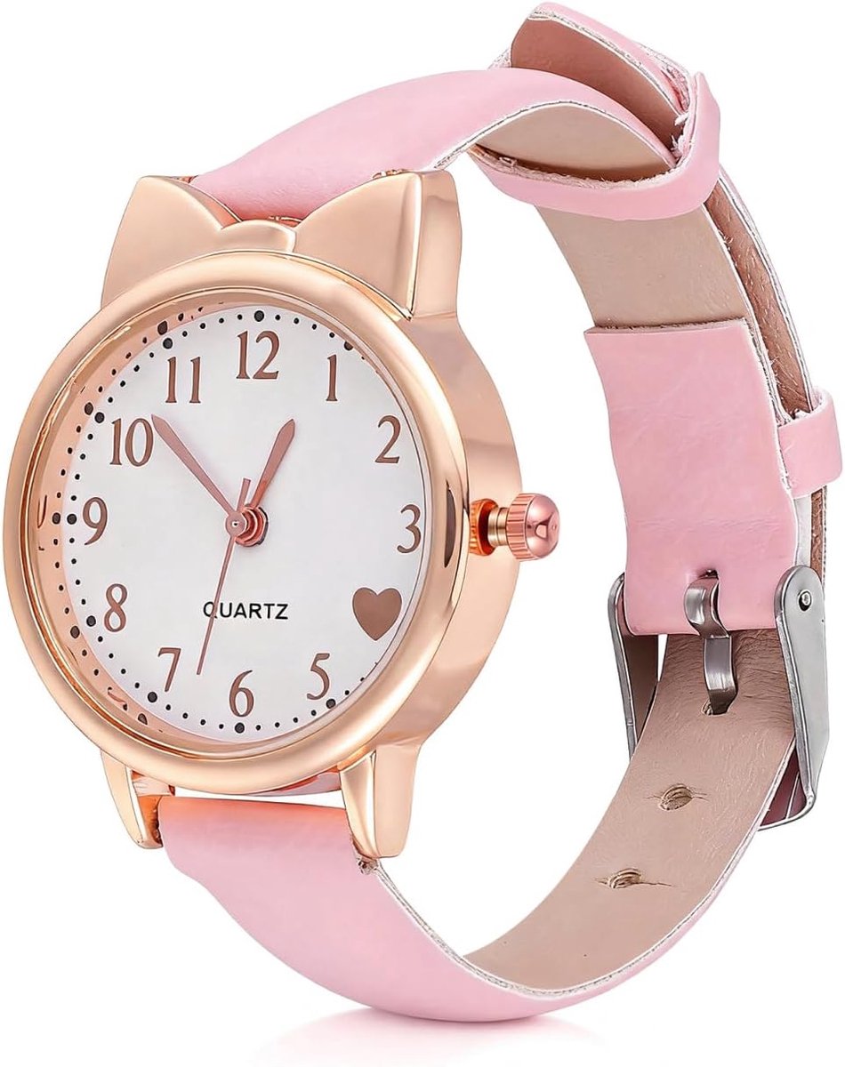 UKCOCO Wrist Watch for Girls: Cute Cat Shape Dial with Soft Leather Strap for Students 11-15 Girls Pink,Pink,21.5X3CM - ShopVlot