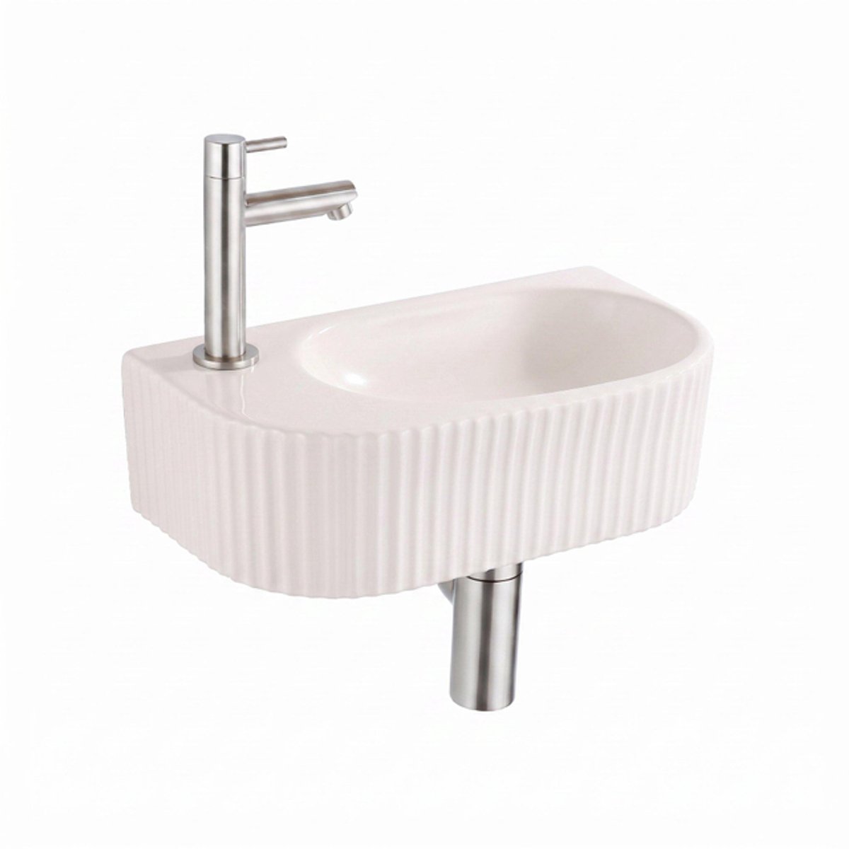 QeramiQ Fuente fonteinset – halfrond – 40x22x12 cm – kraangat links – kraan geborsteld RVS – geribbeld
