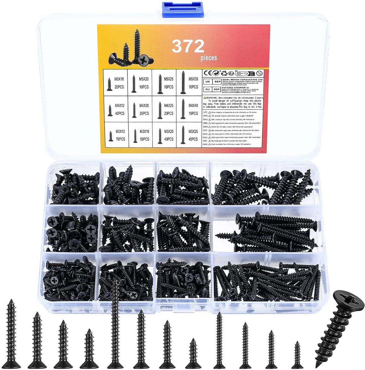 372 Pieces M3 M4 M5 Screw Set Self Tapping Screws Black Wood Screws Stainless Steel Flat Head Chipboard Screws Cross - ShopVlot