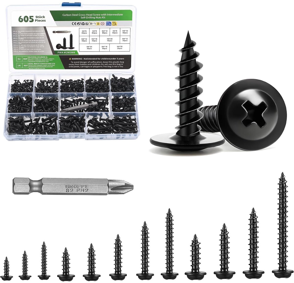 Pack of 605 Self Tapping Screws M2 M3 M4 Body Screws Phillips Head Screws Flat Head Screws Assortment Lens Head Screws - ShopVlot