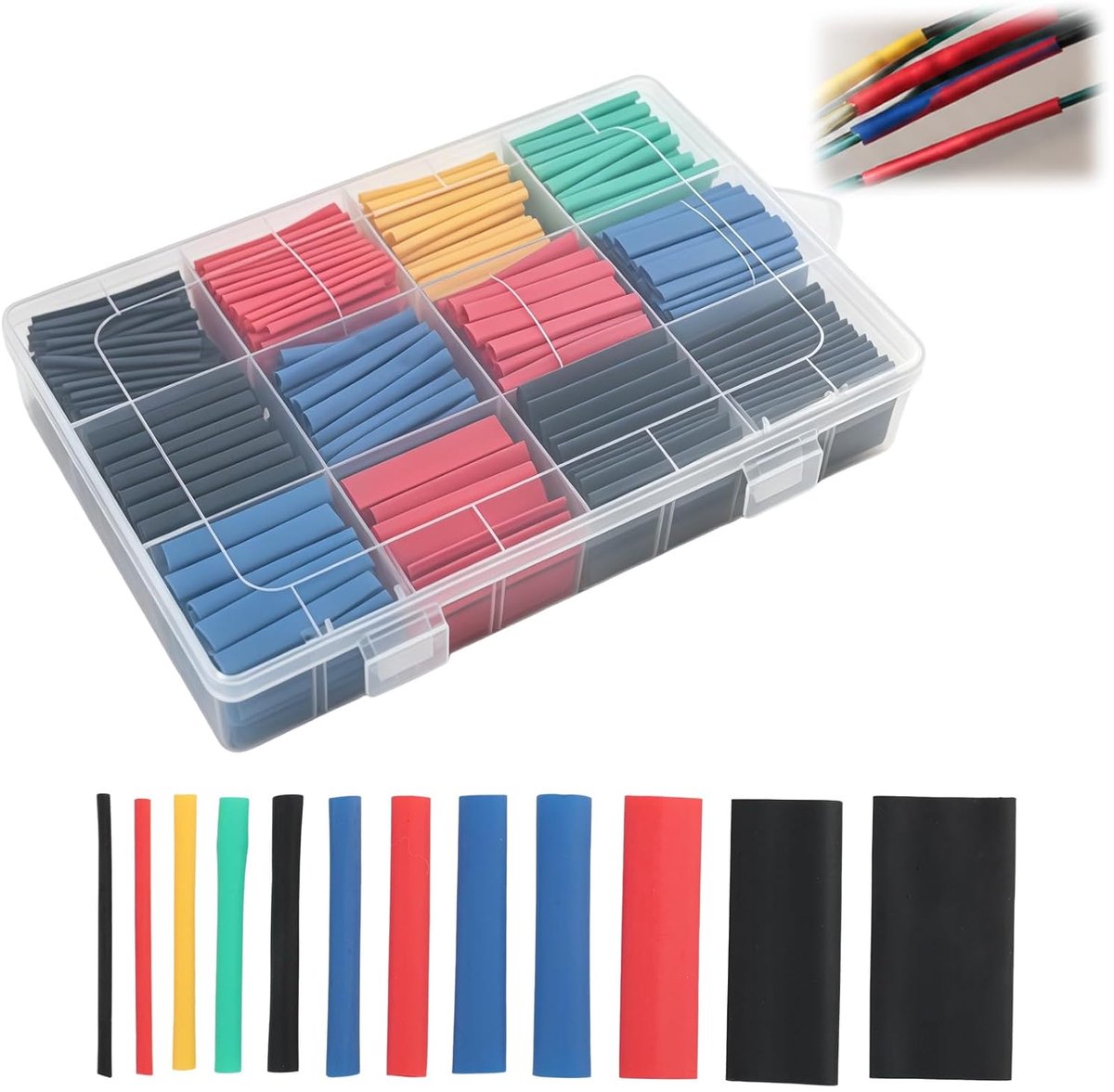 850 stuks krimpkousen, waterdicht, assortiment van veelkleurige buizen, zwart, blauw, rood, geel, groen, 12 diameters - ShopVlot